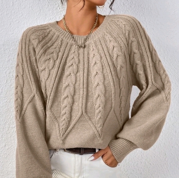 NEW Chic Textured Fair Isle Look Cable Knit Sweater Top Bishop Sleeve Beige - Picture 3 of 9